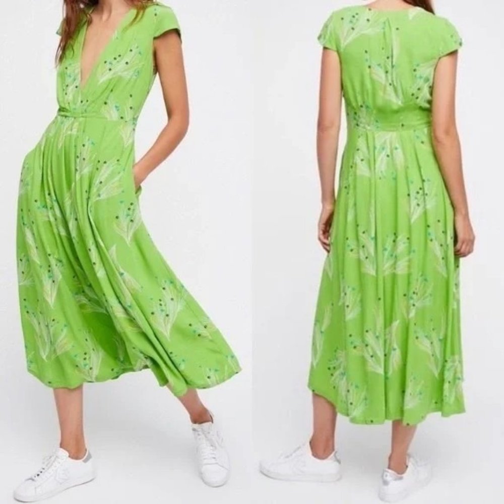 Free People Retro Floral Print Lime Green Faux Wrap Pocket Midi Dress Size 4
